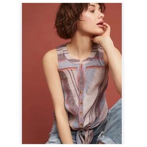 Maeve Anthropologie Striped Linen Tie Front Button Down Tank